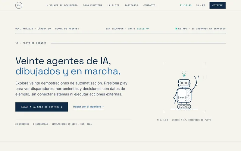 Captura de la portada de Agent Fleet: veinte agentes de IA, dibujados y en marcha