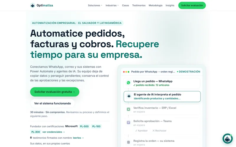Captura de la portada de optimatiza.com, con su panel de demostración de un pedido por WhatsApp