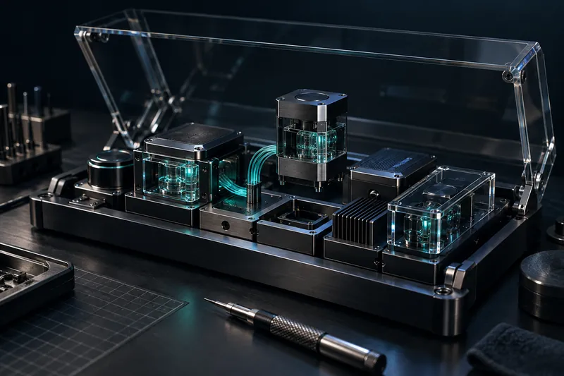 Ilustración conceptual: banco de laboratorio con módulos de metal y cristal iluminados en cian bajo una tapa de acrílico
